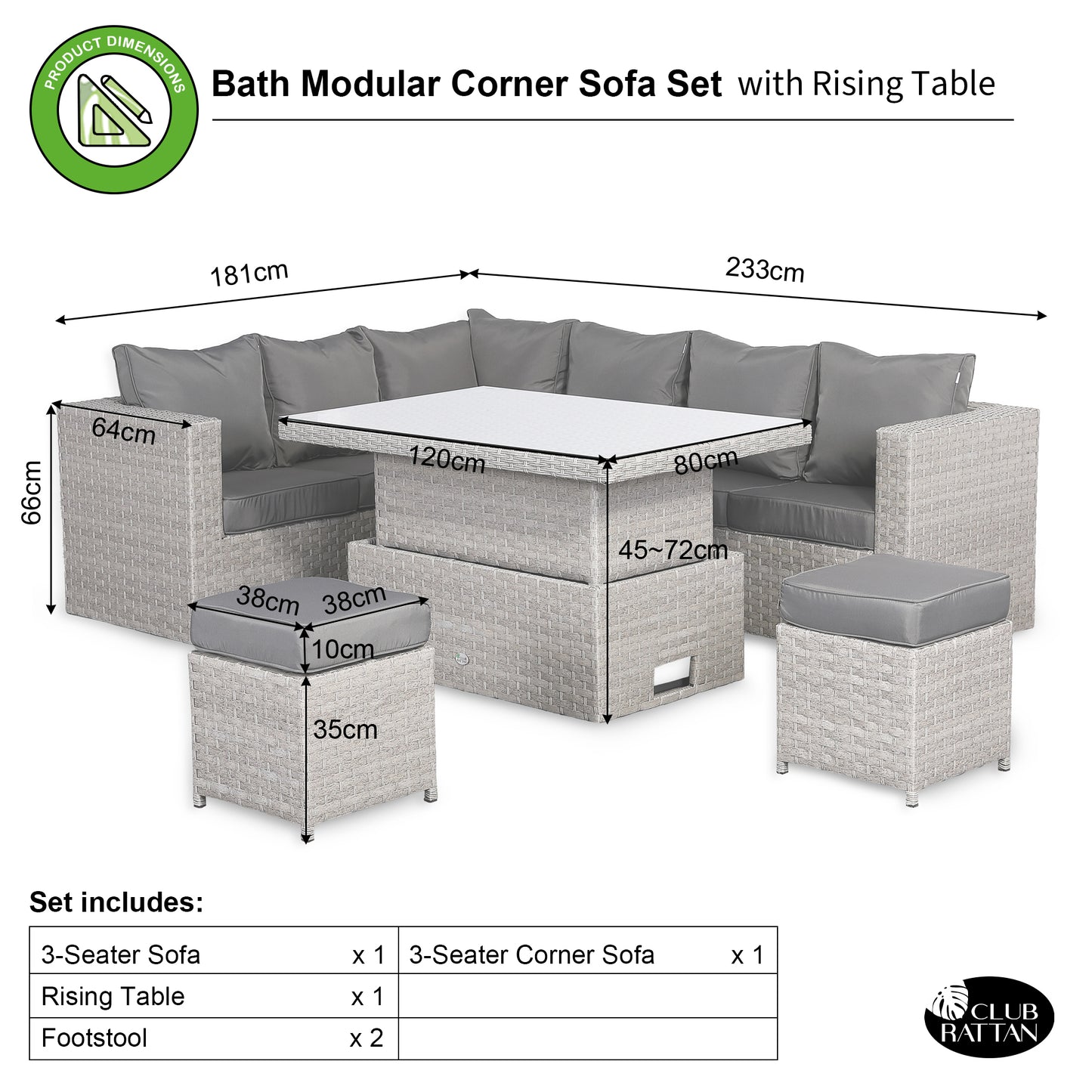 Ascot Range Large Modular Corner Sofa with Rising Table in Large Grey Rattan