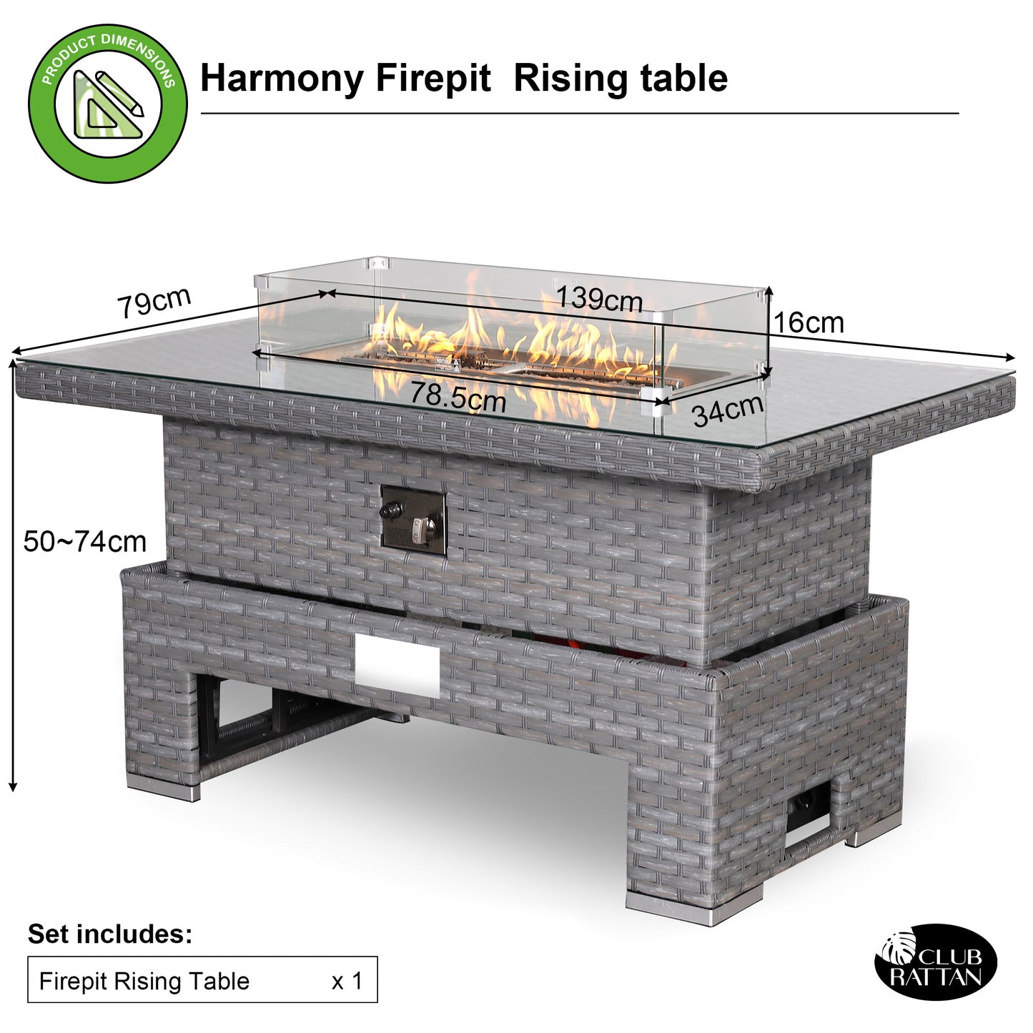 Isobella Gas Firepit Rising Table with Glass Wind Guard & Lava Rocks, 55,000 BTU