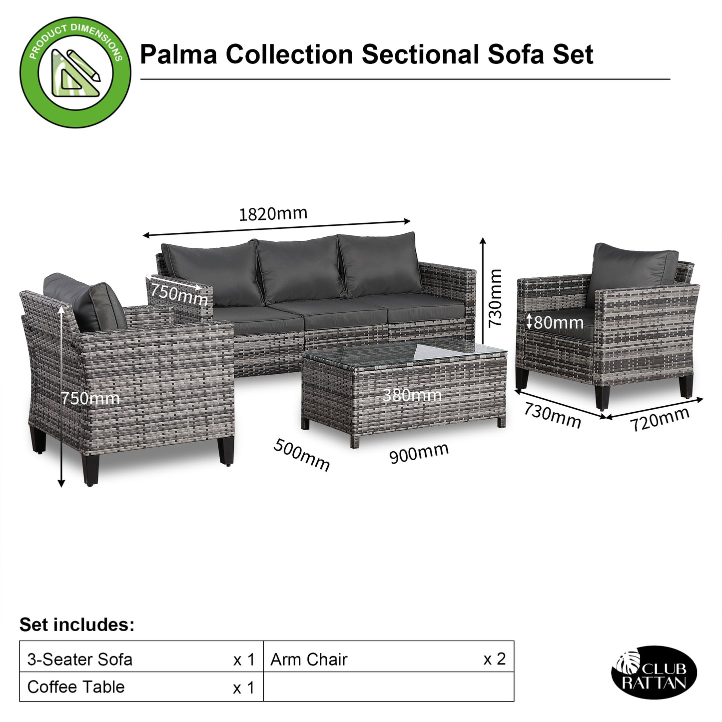 Palma Range Large Sofa Set in Grey Rattan and Grey Cushions
