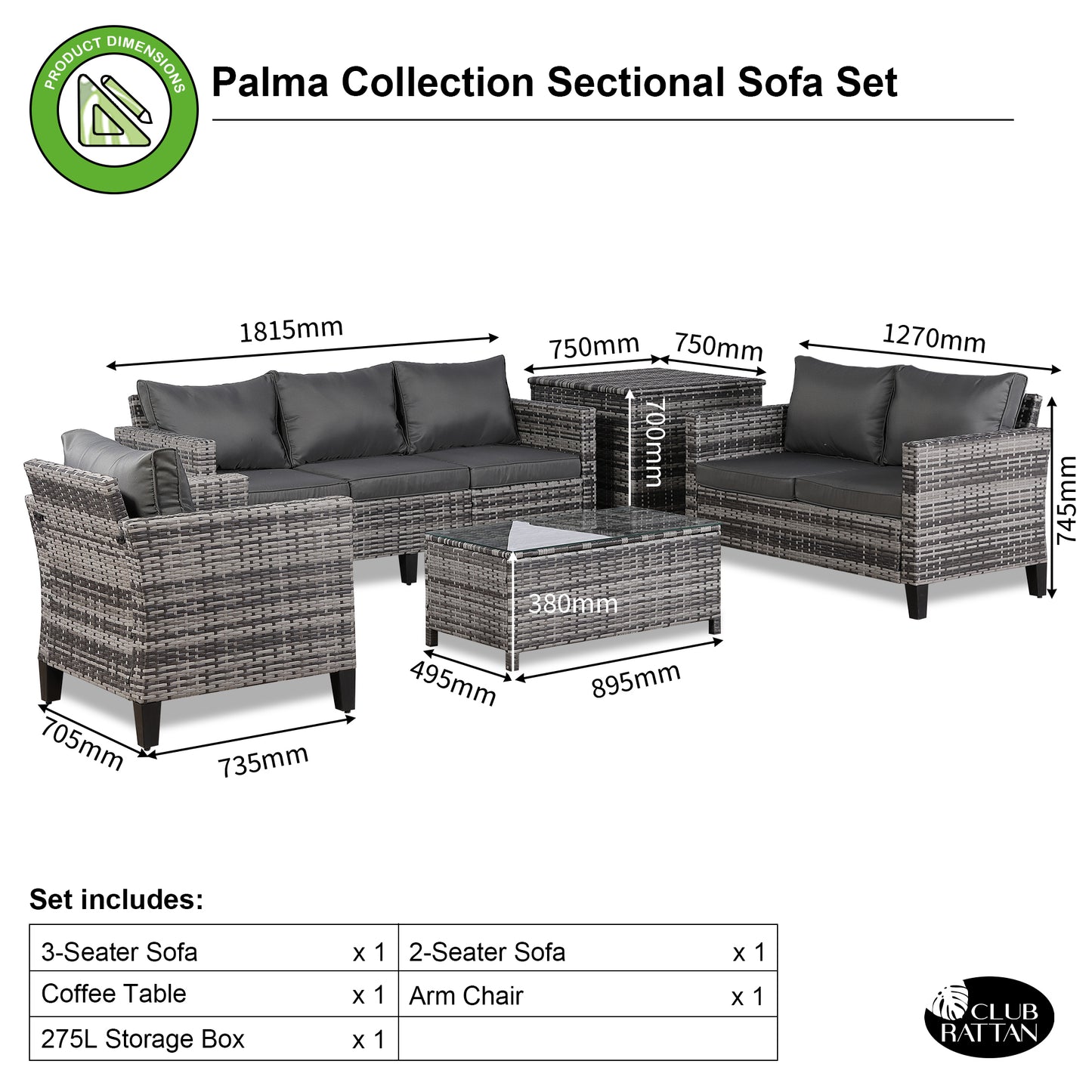 Palma Range Large Conrer Sofa Sets with Storage Box in Grey Rattan and Grey Cushions