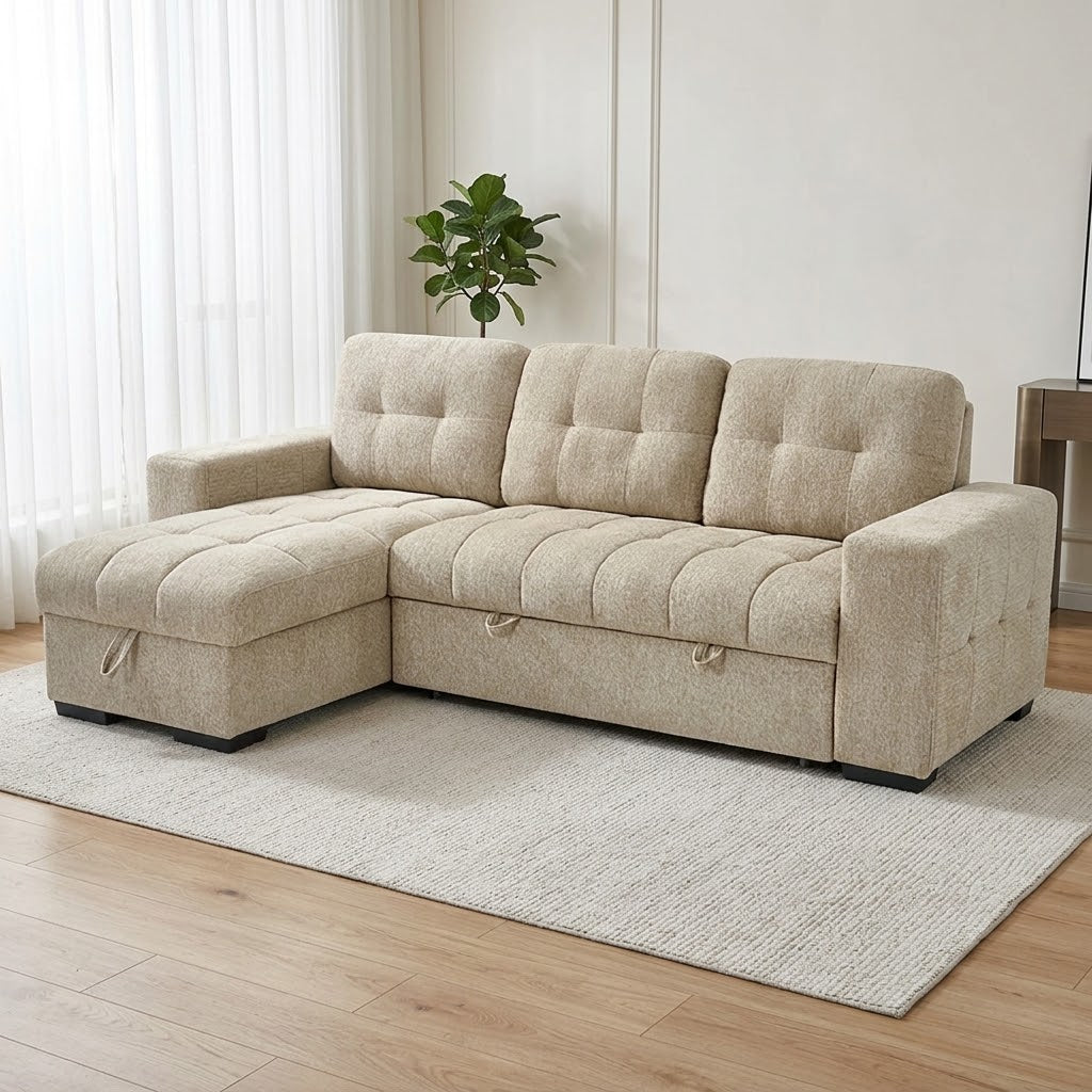 Cove Beige Universal Corner Sofa Bed – 4 Seater Polyester Sofabed