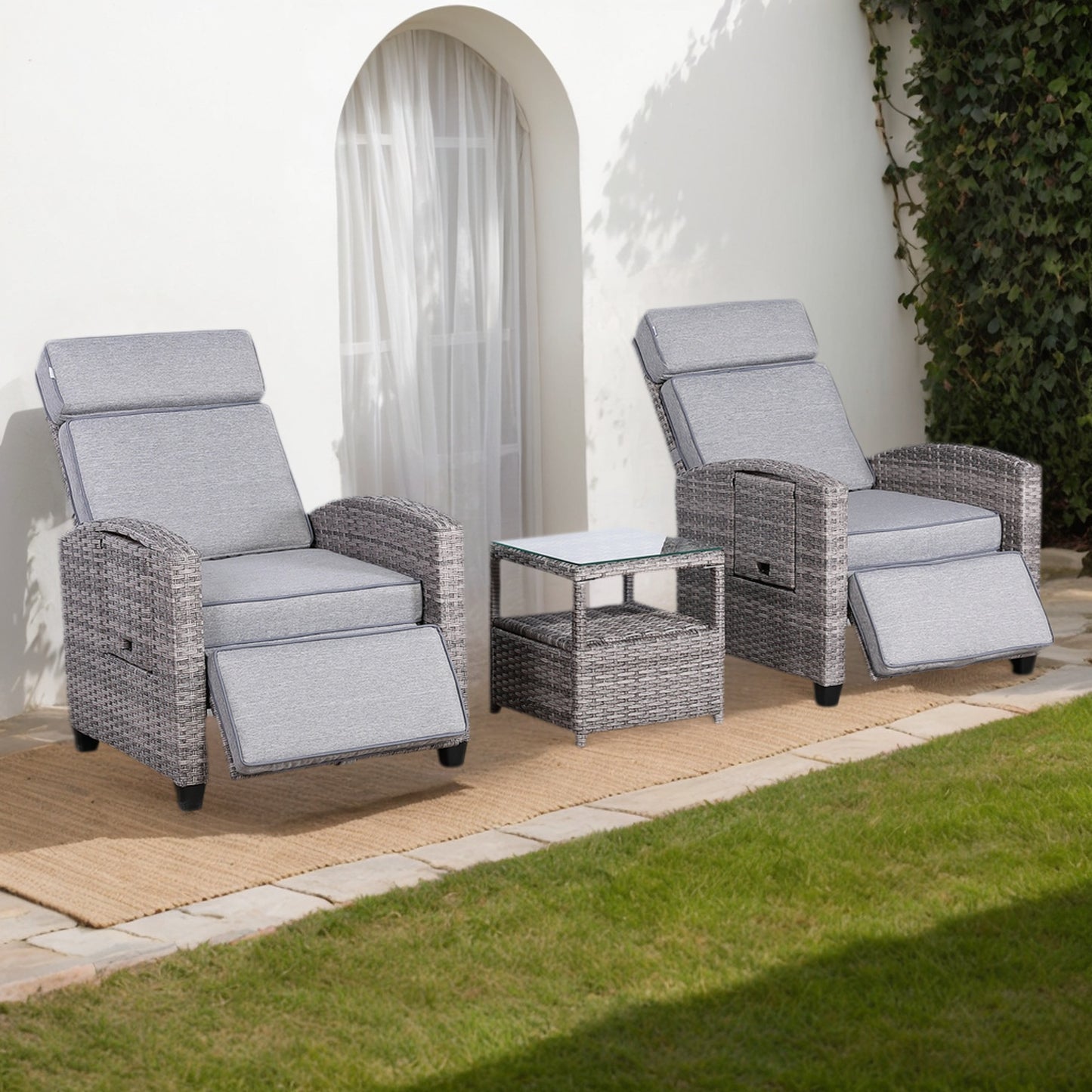 Club Rattan Wicker Reclining Chairs with Side Table, Adjustable Position Backrest Armchair with coffee tabel, 3-Piece Outdoor Furniture Set for Garden(3 colors)