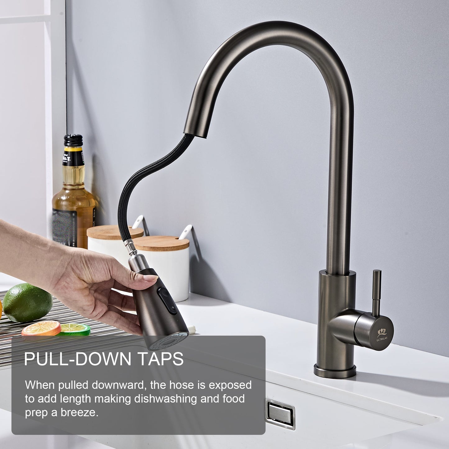 Gun Grey Mano Pull Out Kitchen Mixer Tap
