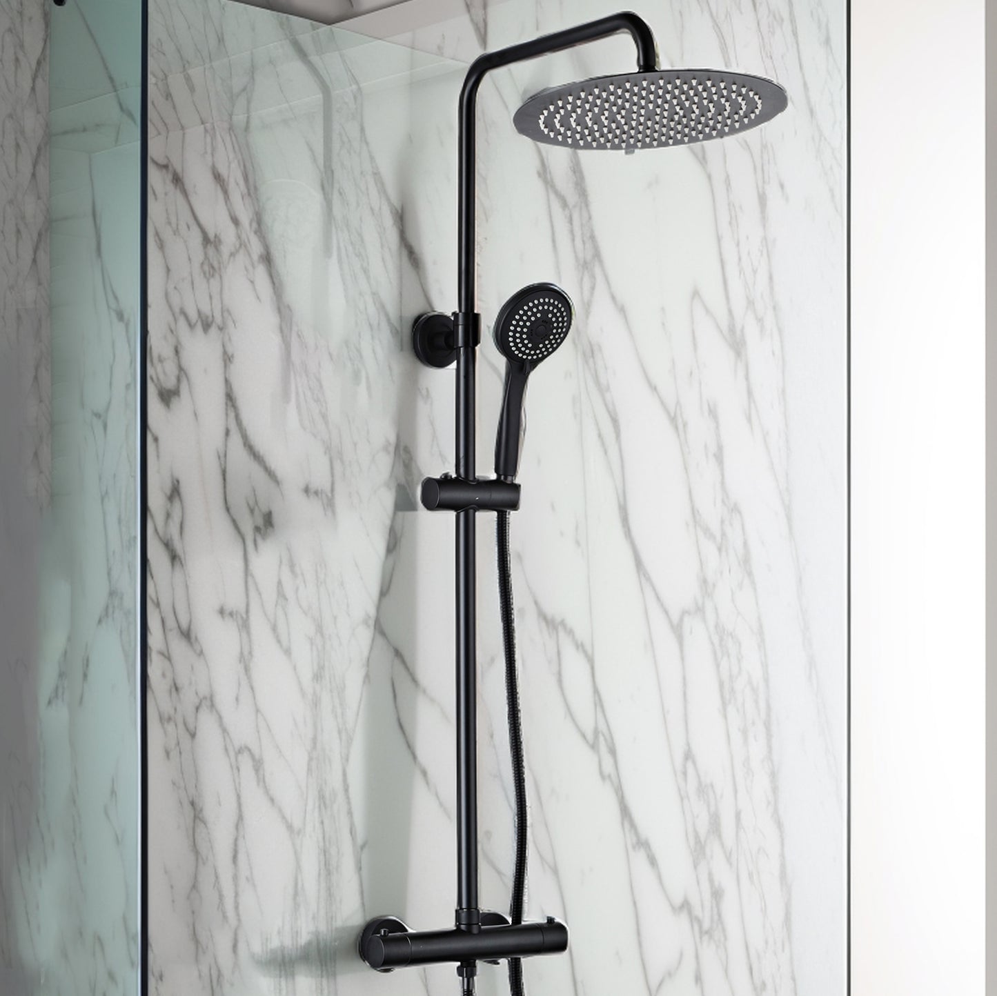 Thermostatic Shower Valve, Fixed Head & Handset Shower Set - Matt Black