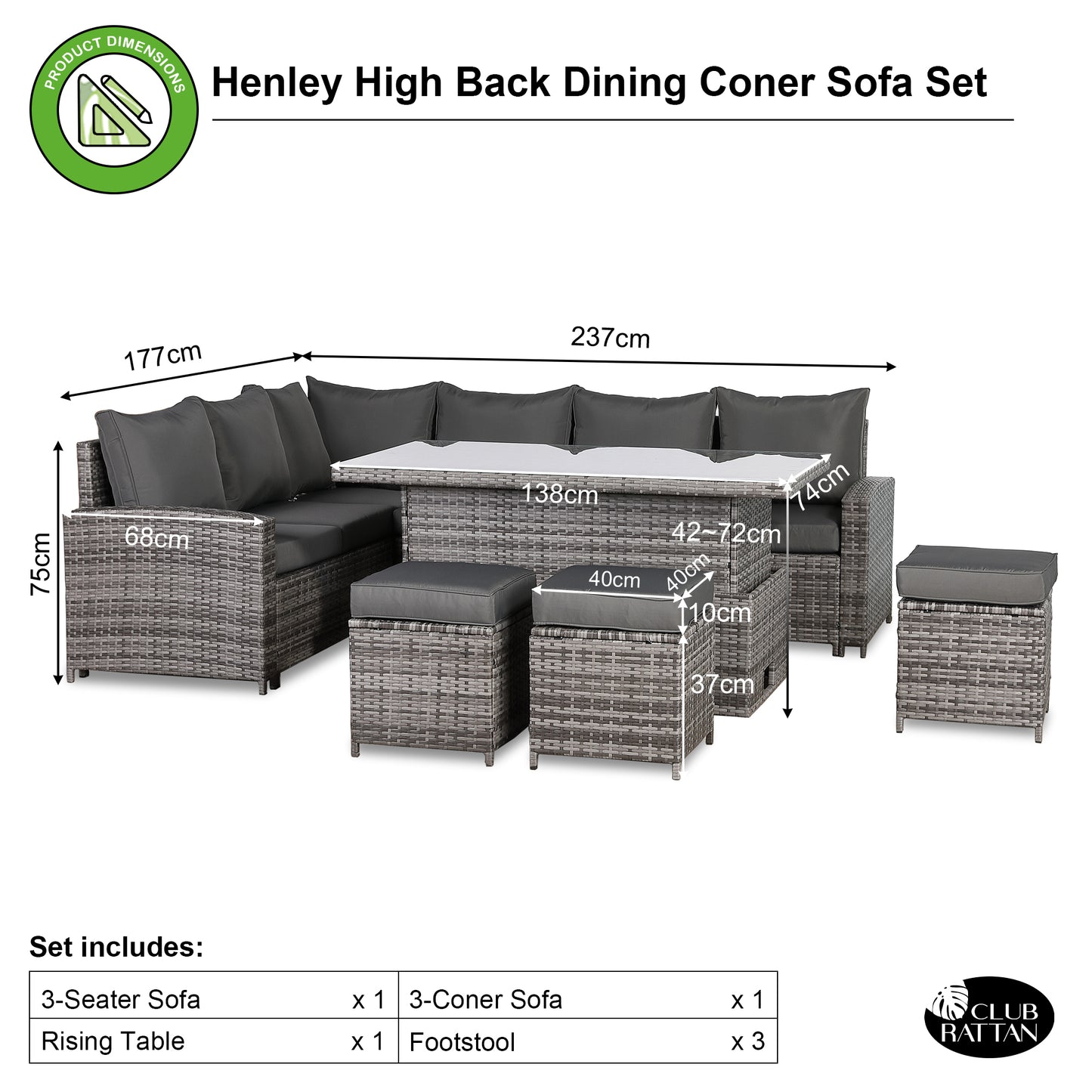 Henley Range High Back LHF Dining Corner Sofa Set in Grey Weave with Rising Table (KG04)
