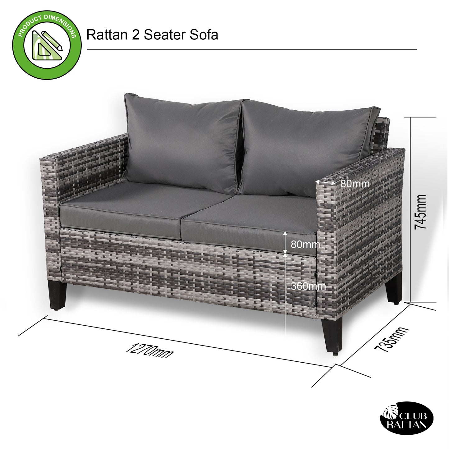 Palma Range 2-Seater Sofa in Grey Rattan and Grey Cushions