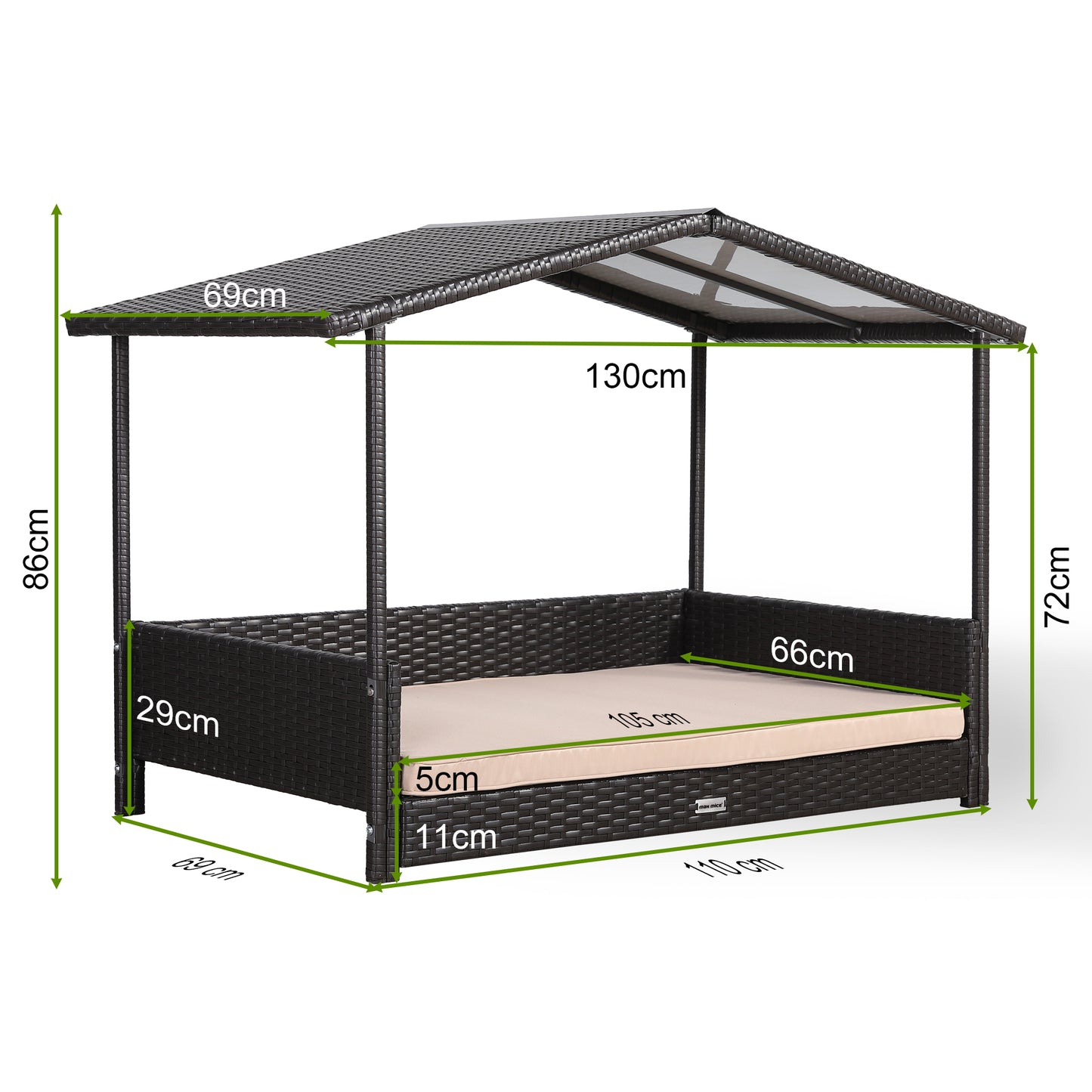 Max Mice Wicker Raised Dog House /Rattan Dog Bed for Indoor/Outdoor with Weatherproof Roof and Removable Cushion Lounge in Brown Weave(Z4-Large)