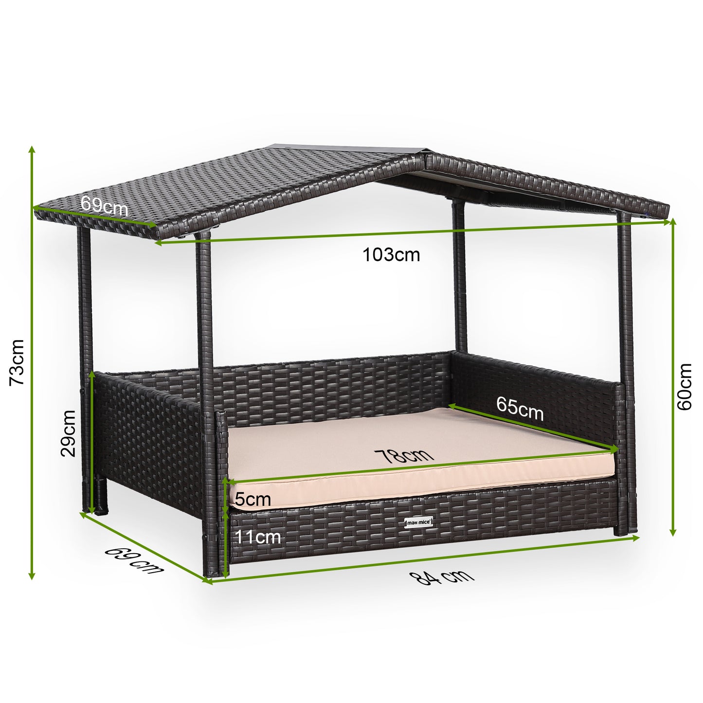 Max Mice Wicker Raised Brown Dog House Raised Rattan Dog Bed for Indoor/Outdoor with Weatherproof Roof and Removable Cushion Lounge (Z5-Medium)