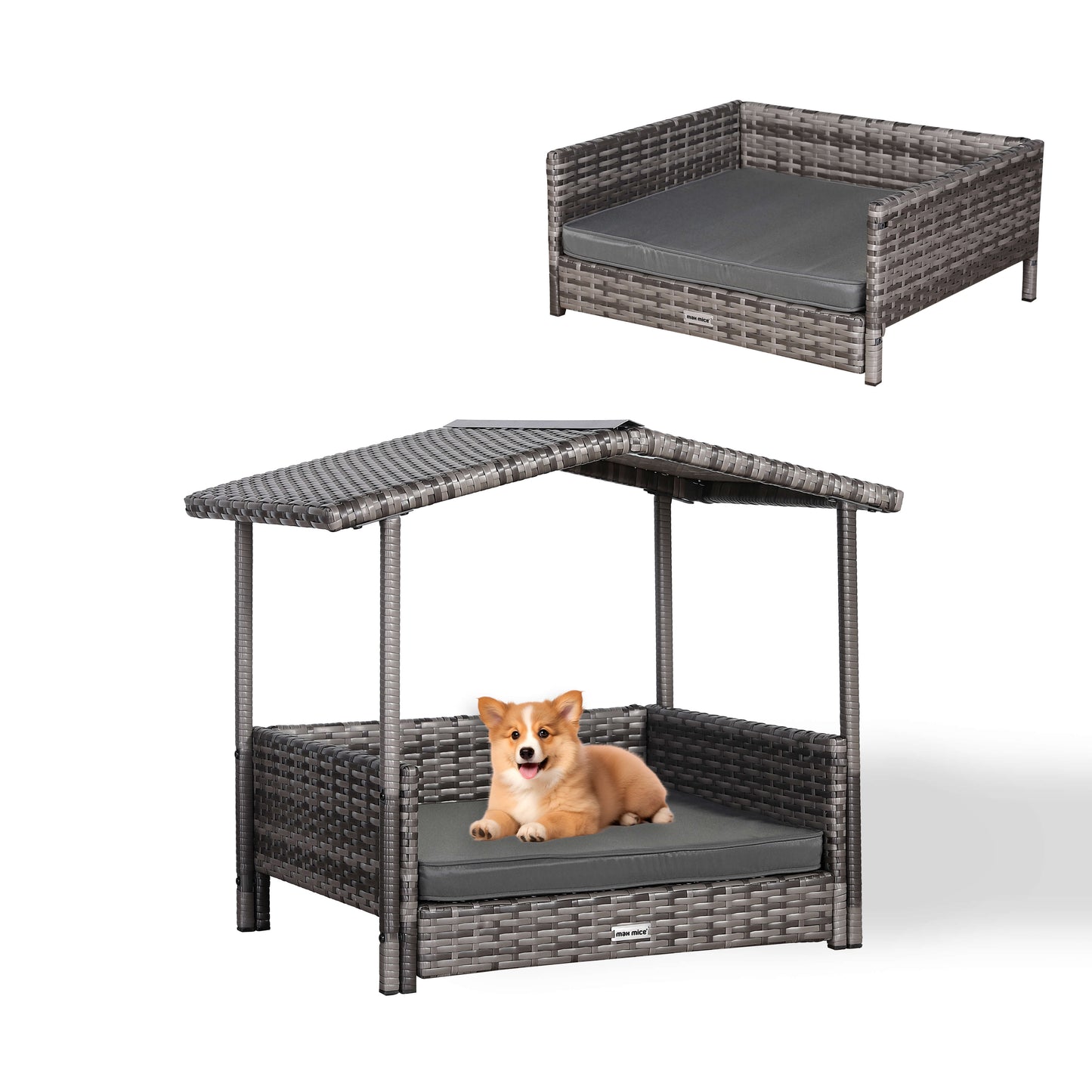 Max Mice Wicker Raised Dog House / Rattan Dog Bed for Indoor/Outdoor with Removable Roof and Cushion in Grey