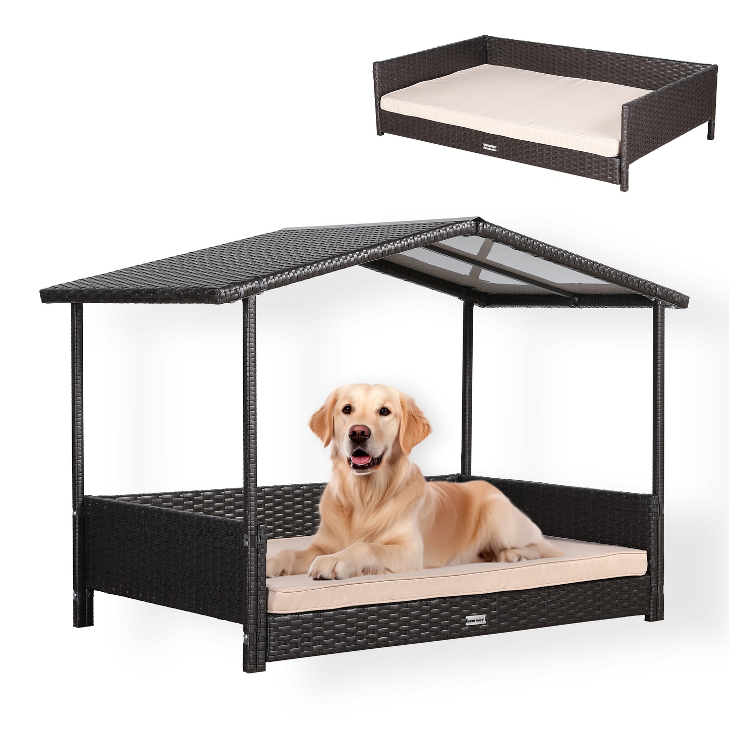 Max Mice Wicker Raised Dog House /Rattan Dog Bed for Indoor/Outdoor with Weatherproof Roof and Removable Cushion Lounge in Brown Weave(Z4-Large)