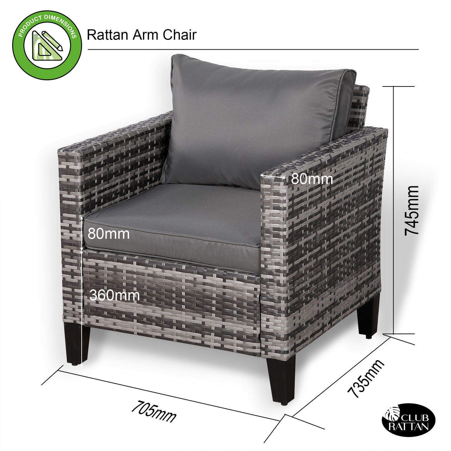 Palma Range Single Arm Chair in Grey Rattan and Grey Cushions