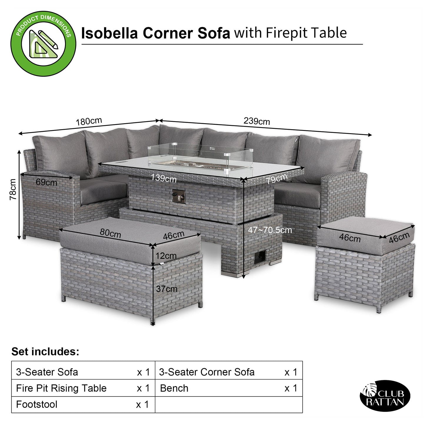Isobella High Back Left Hand Corner Sofa Set with Fire Pit Rising Table