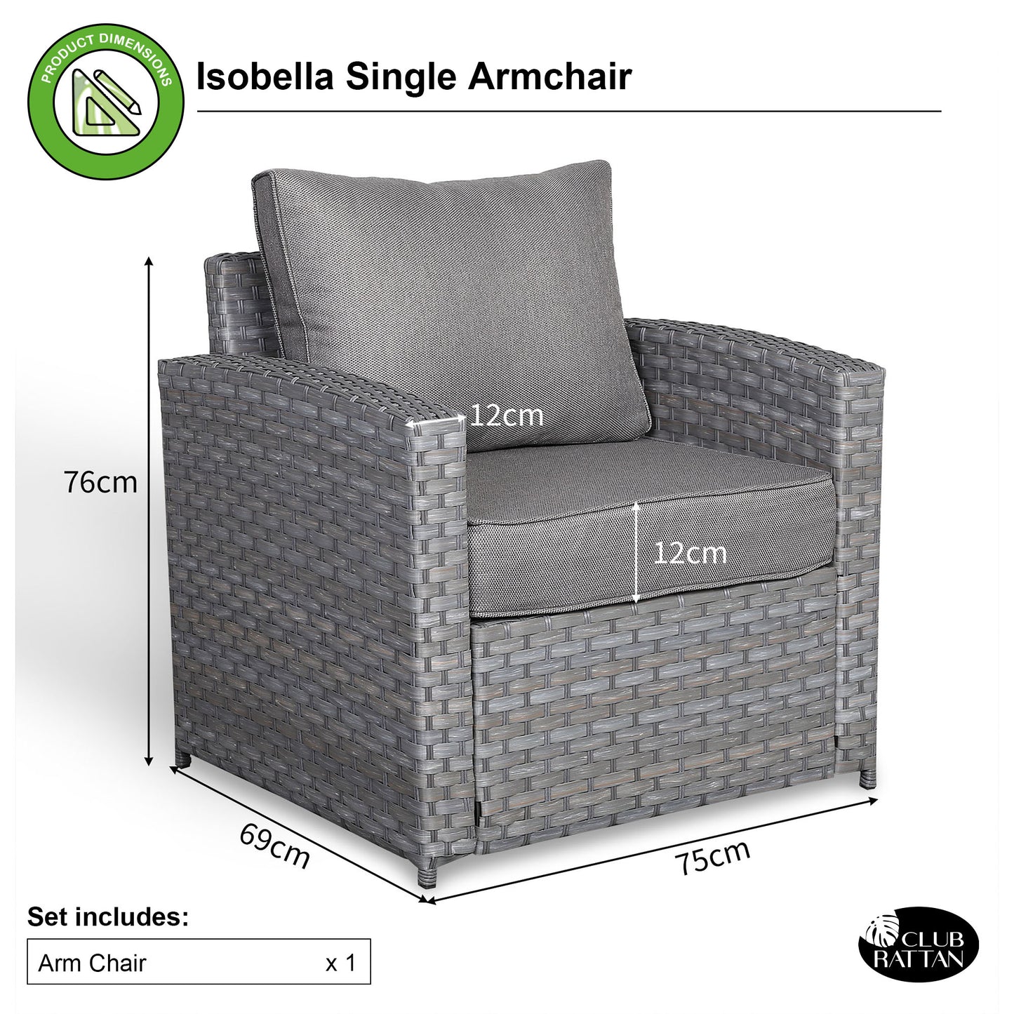 Isobella Range Single Arm Chair in Grey Rattan and Grey Cushions
