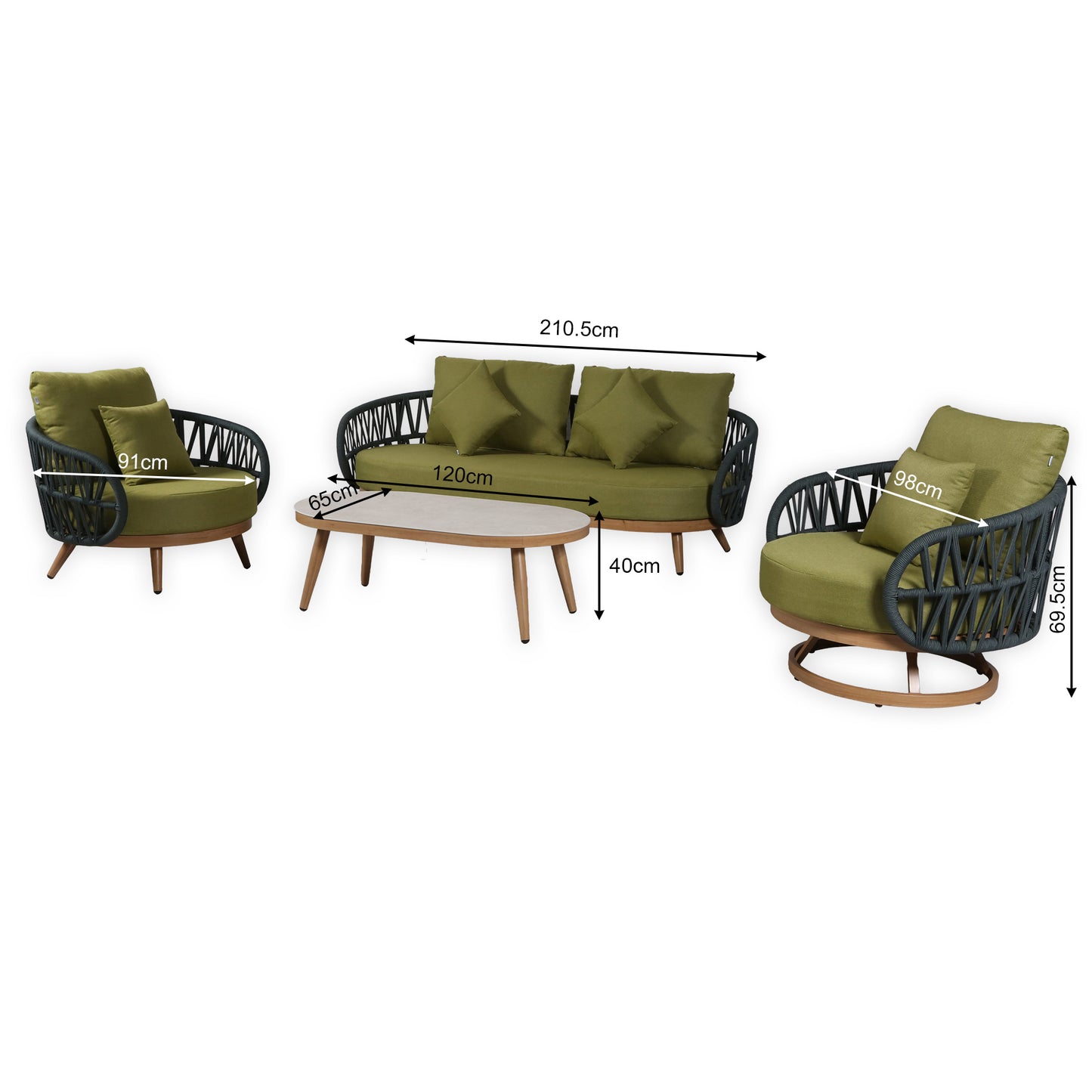 Luna Range Olive Green Rope Sofa Set with Green Cushions