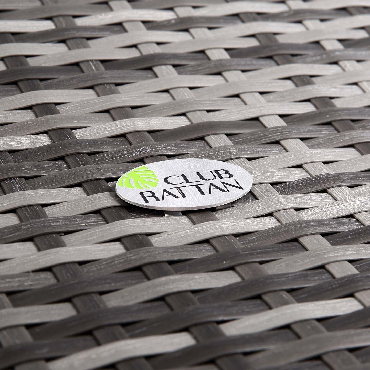 Set of 2 Soak Sun Loungers with Side Table in Small Grey Rattan close up of rattan and club rattan badge