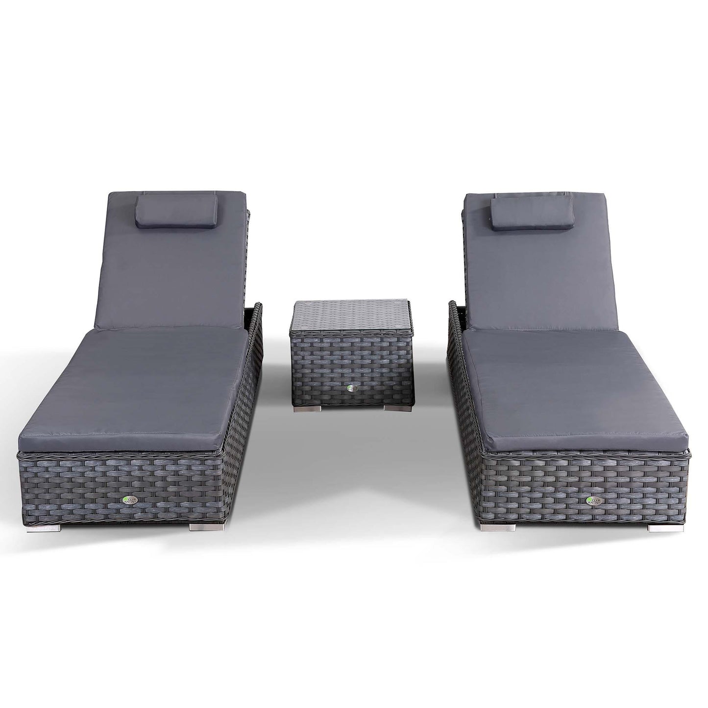 Set of 2 Soak Sun Loungers with Side Table in Wide Grey Rattan
