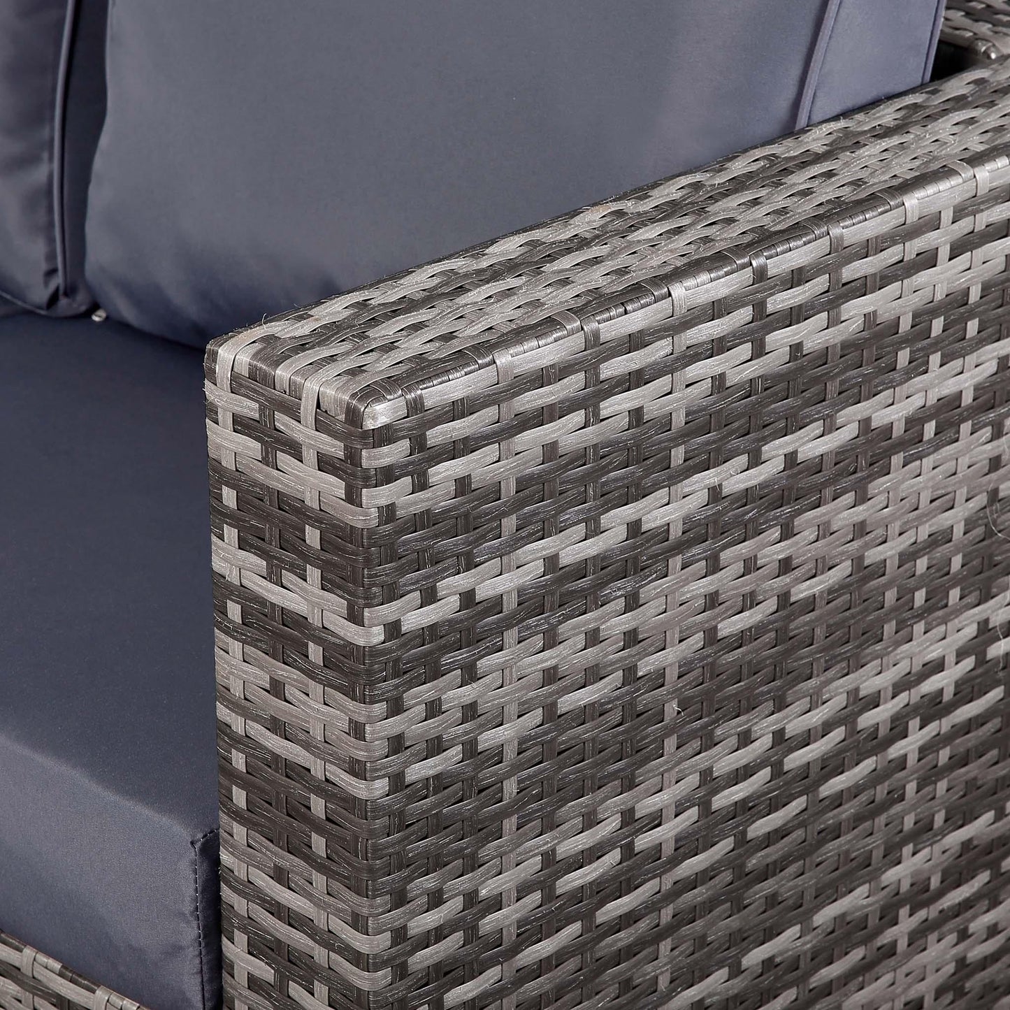 Lille Corner Sofa with Dining Table and 2 Stools in Small Grey Rattan close up sofa arm