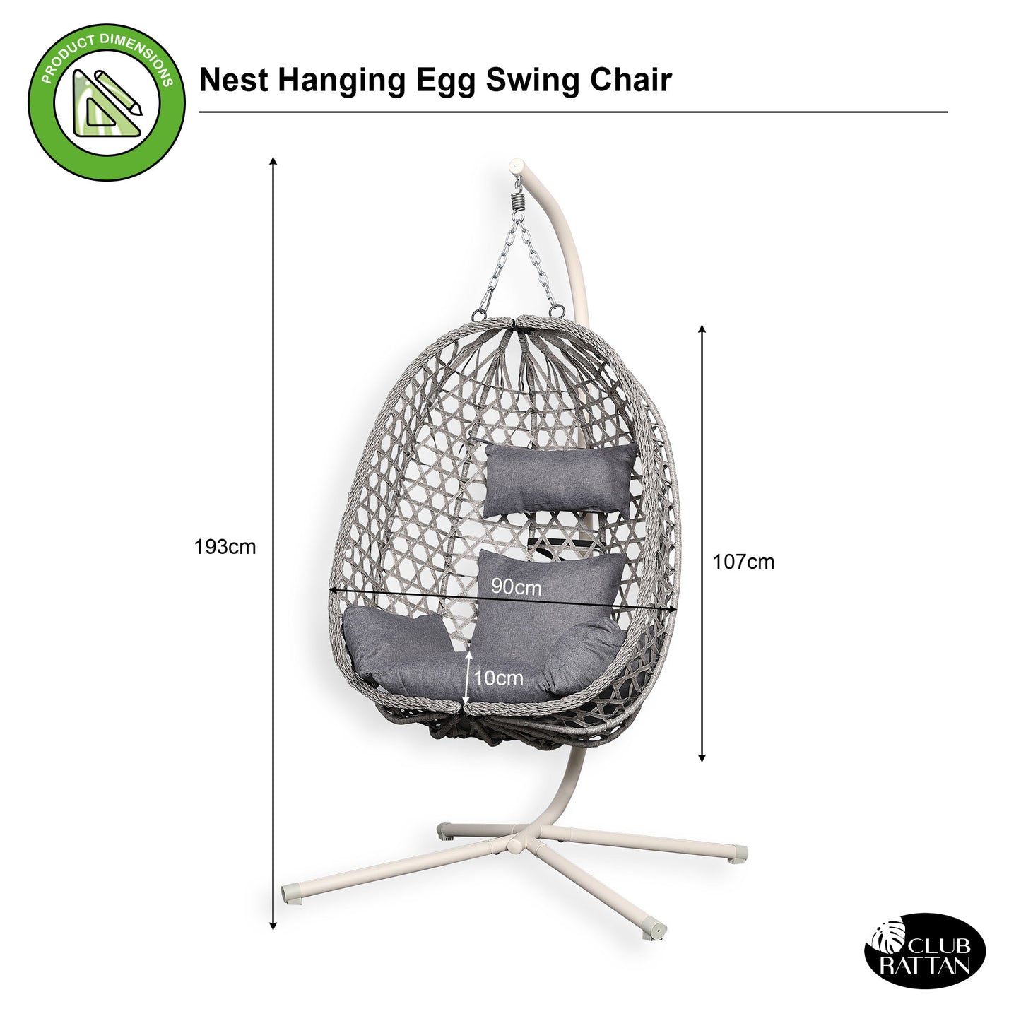 Club Rattan Nest Hanging Egg Swing Chair with Stand, Thick Showerproof Cushions, for Living Room,Balcony or Outdoor, Grey Weave & Beige Stand
