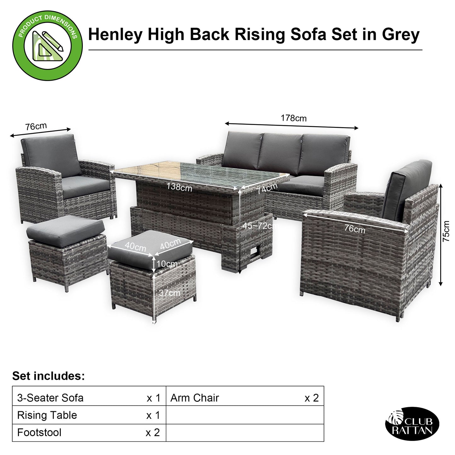 Henley Range High Back Large Dining Sofa Set in Grey Weave with Rising Table