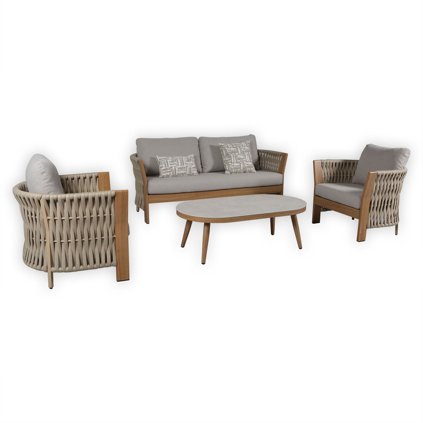 Orion Range Beige Rope & Wood-Effect Aluminium Frame Sofa Set with Beige cushions