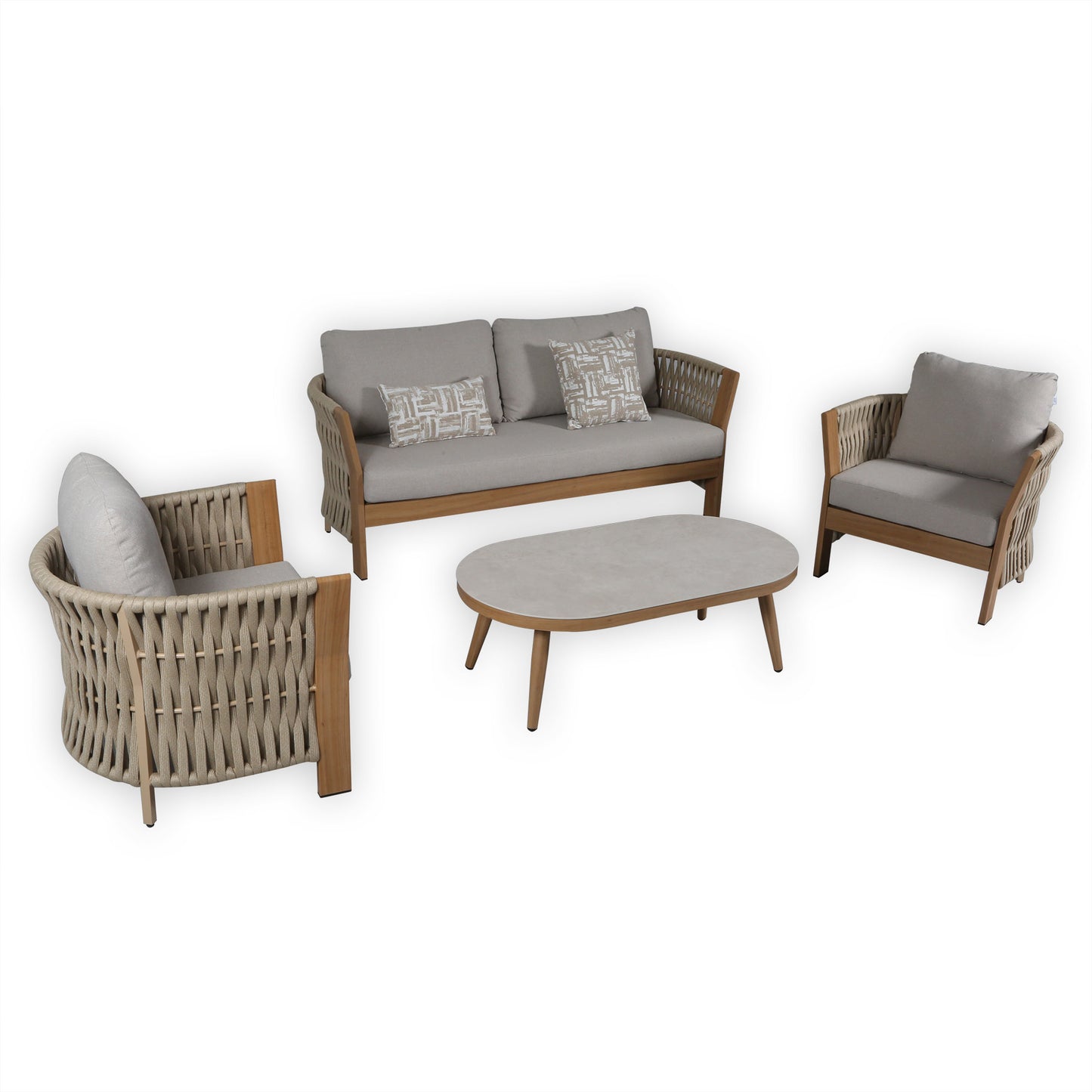 Orion Range Beige Rope & Wood-Effect Aluminium Frame Sofa Set with Beige cushions