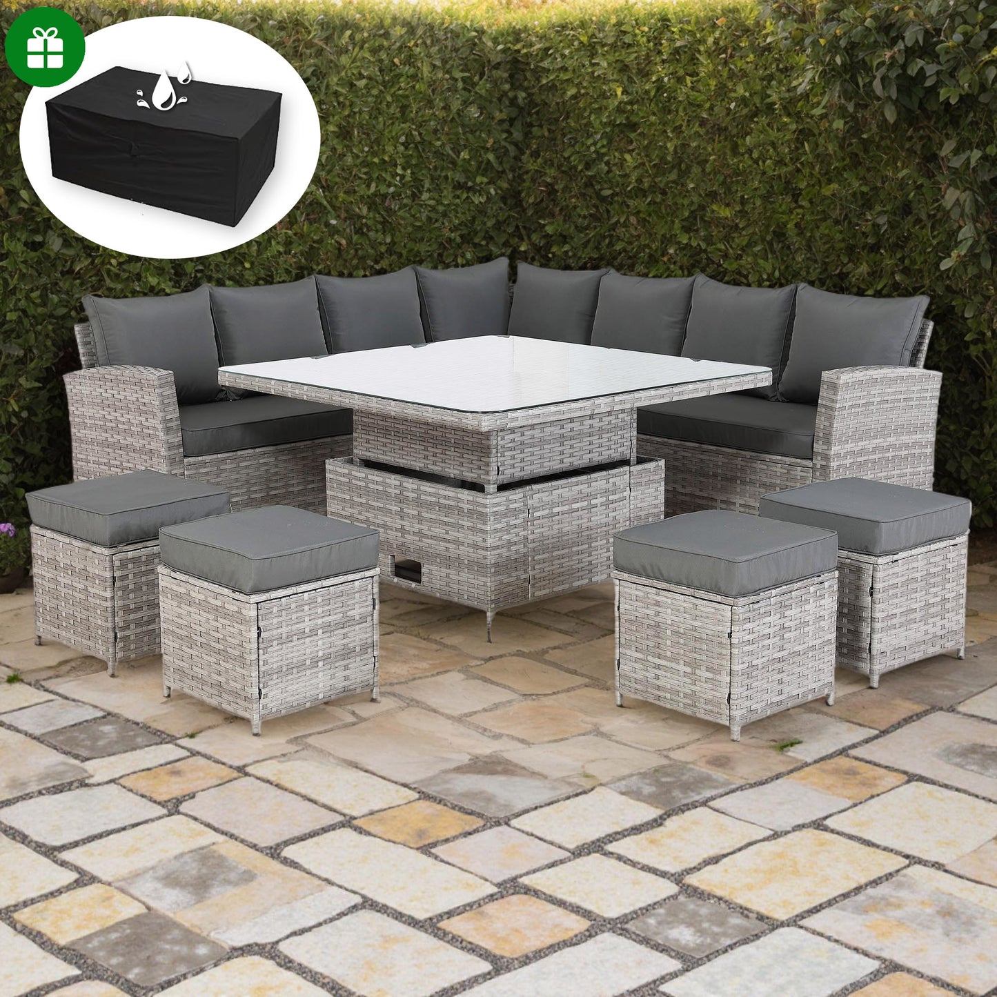 Bristol Range 11 Seater L-Shape Rattan Garden Furniture Set | All-Weather Corner Sofa Dining Set with Free Rain Cover