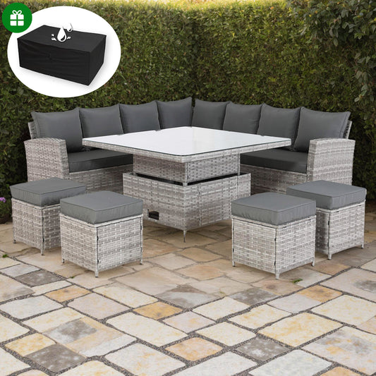 Bristol Range 11 Seater L-Shape Rattan Garden Furniture Set | All-Weather Corner Sofa Dining Set with Free Rain Cover