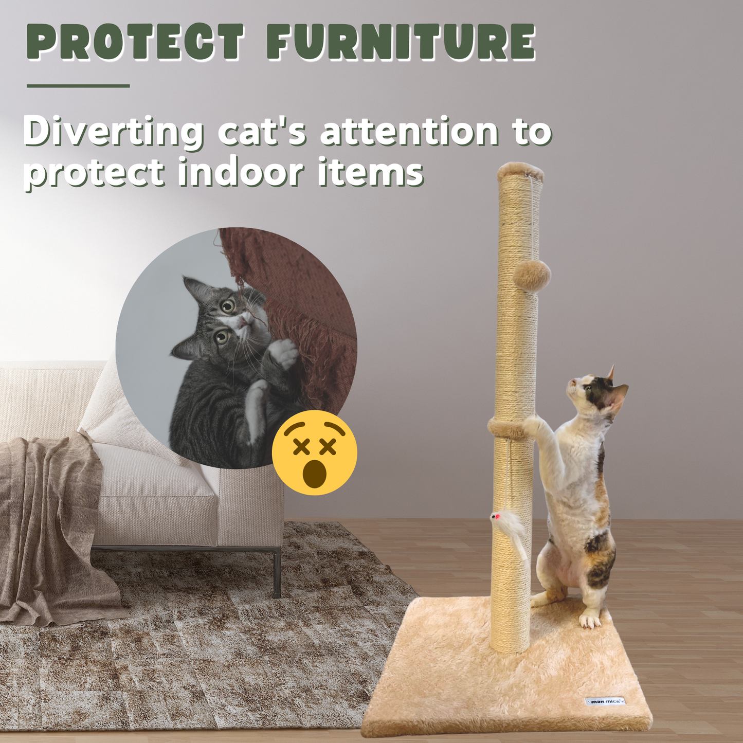 Due in 29/04/25 Max Mice Cat Scratching Post – Tall Sisal Scratch Tower with Hanging Ball & Mouse, Sturdy Base for Kittens & Adult Cats （Beige）