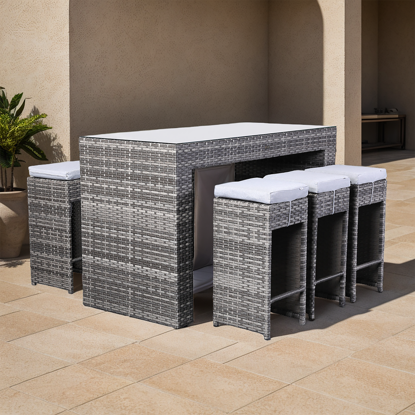 Colette  Aluminium High Bar Set with 6 Stools in Grey Rattan