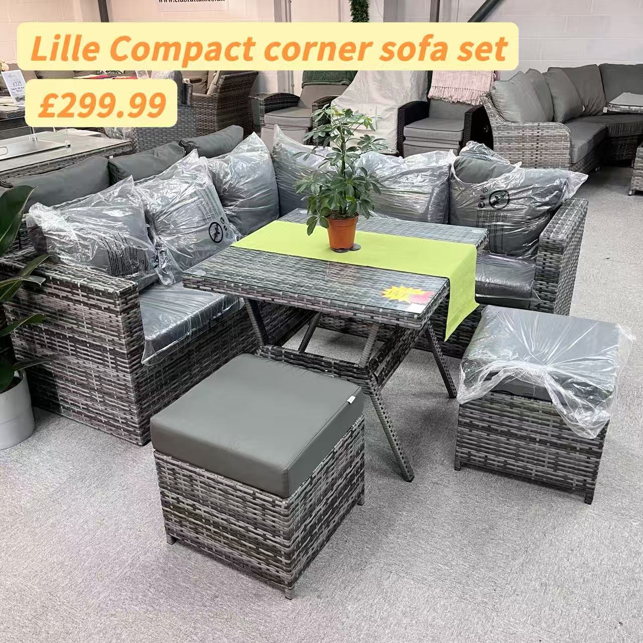 Clearance in shop, sale as shown--Modern Range Lille Compact Corner Sofa with Dining Table in Grey Rattan