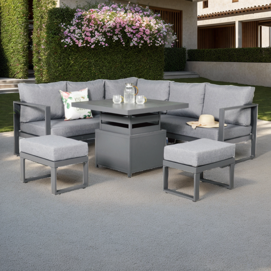 AK-01 Hanford Range Square Corner Sofa Set With Rising table - Charcoal Aluminium Frame with Grey cushions (CS02)