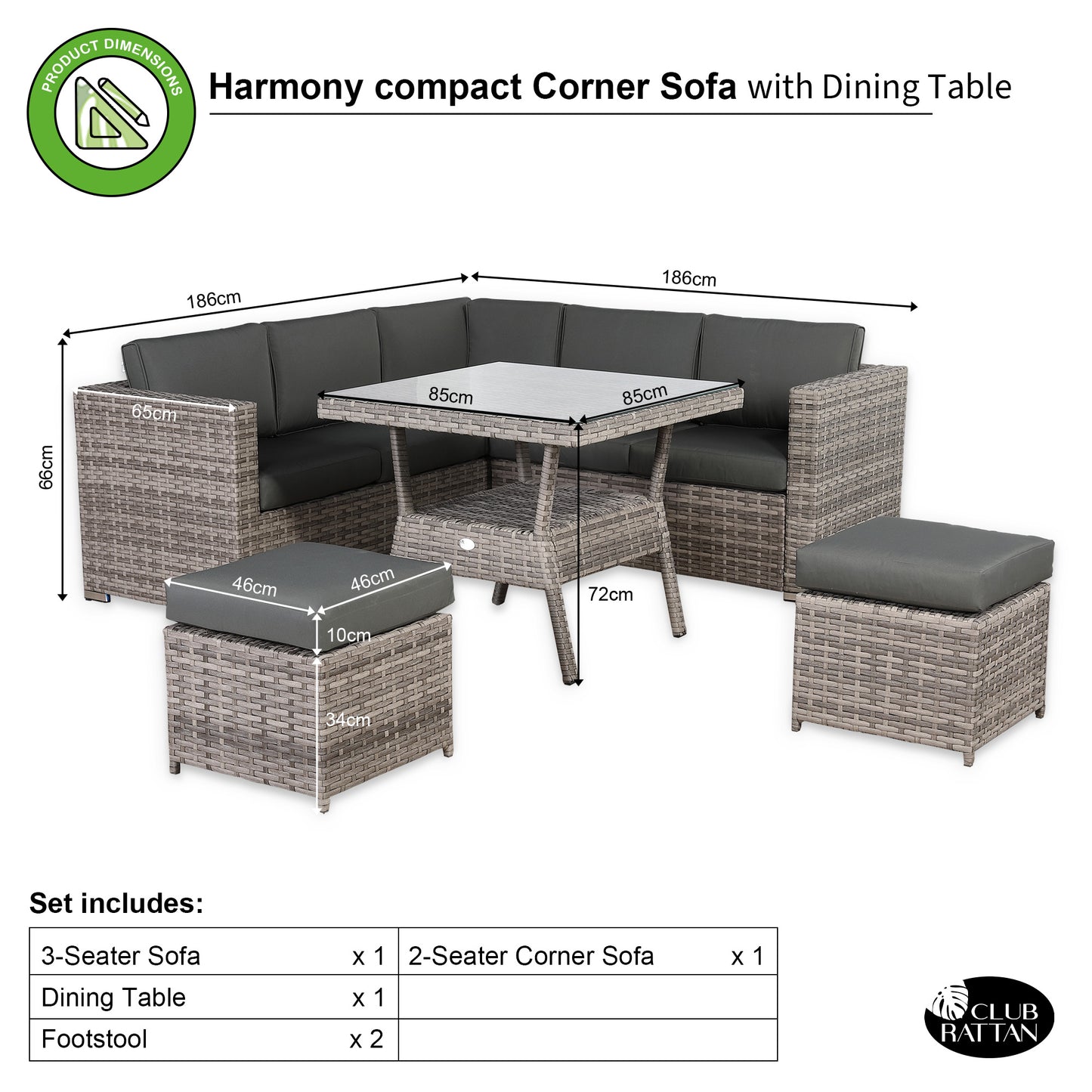 Modern Range Lille Corner Sofa with Dining Table in Grey Rattan