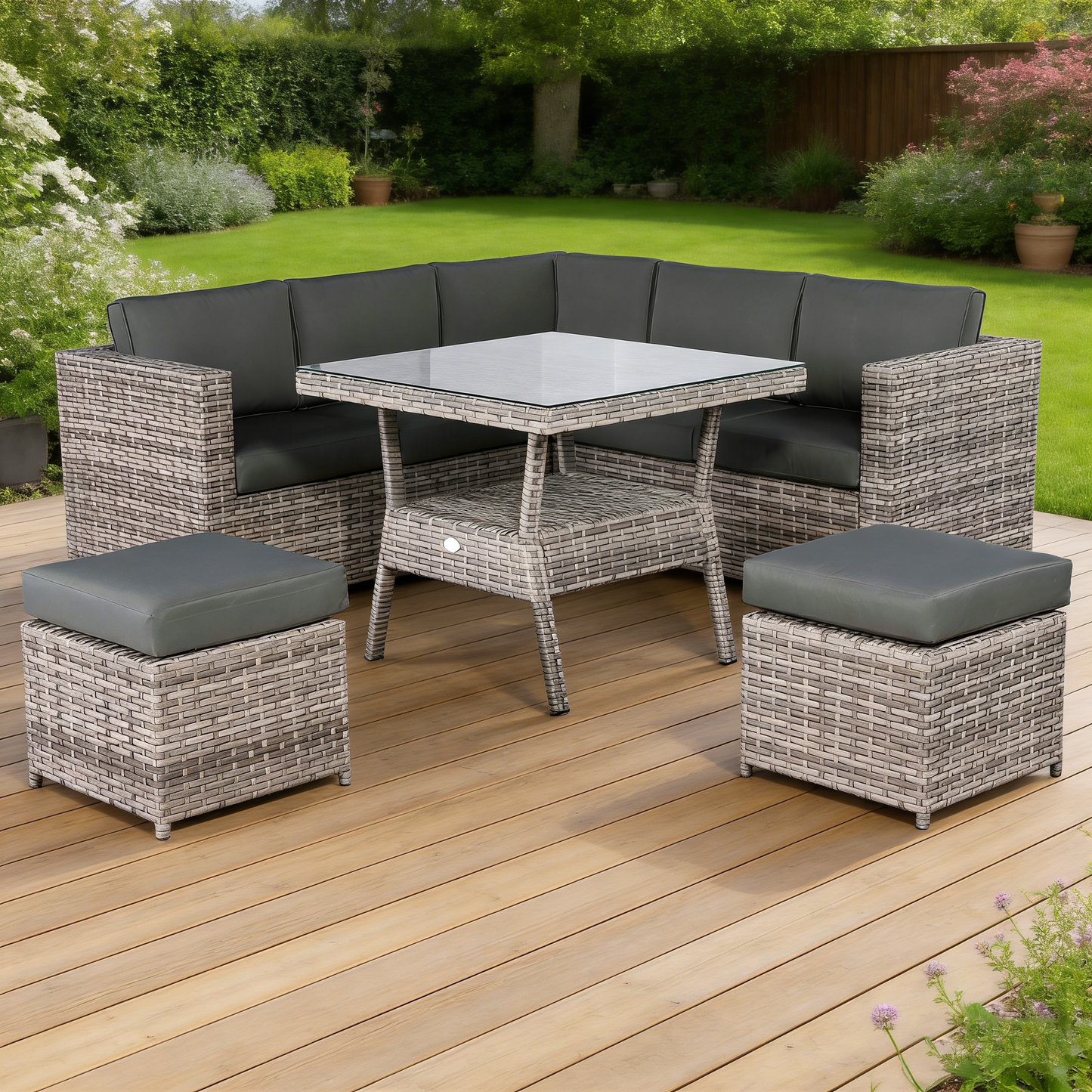 Modern Range Lille Corner Sofa with Dining Table in Grey Rattan