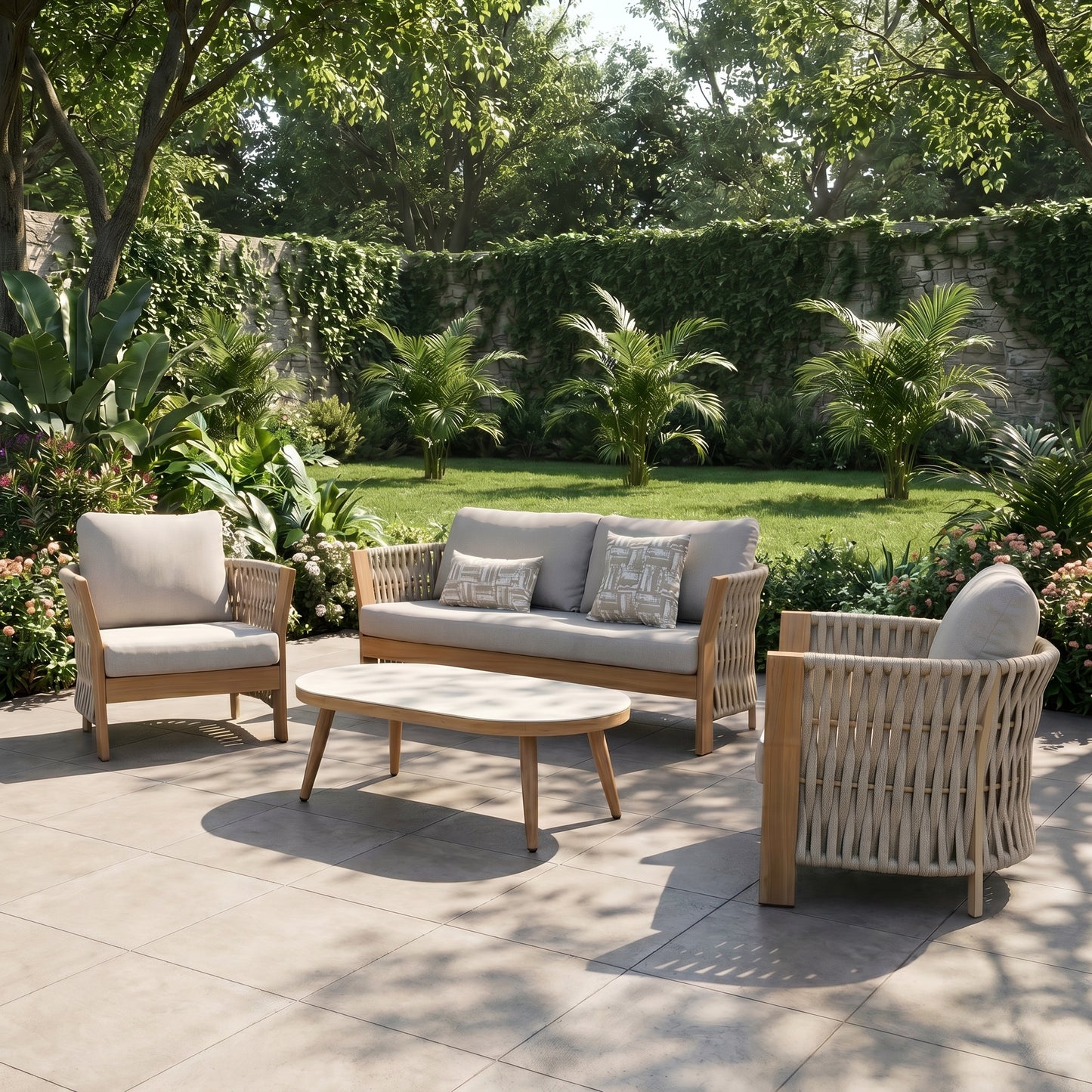 Orion Range Beige Rope & Wood-Effect Aluminium Frame Sofa Set with Beige cushions