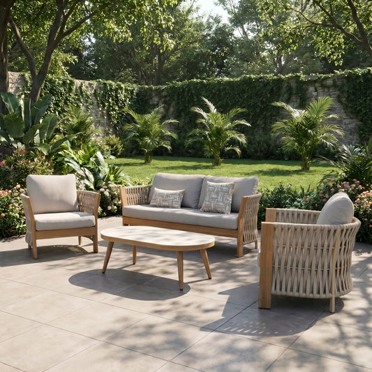 Orion Range Beige Rope & Wood-Effect Aluminium Frame Sofa Set with Beige cushions