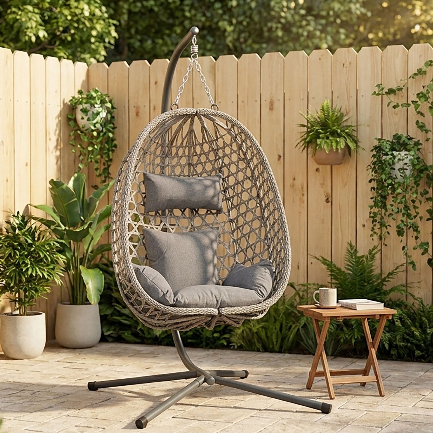 Club Rattan Nest Hanging Egg Swing Chair with Stand, Thick Showerproof Cushions, for Living Room,Balcony or Outdoor, Grey Weave & Black Stand