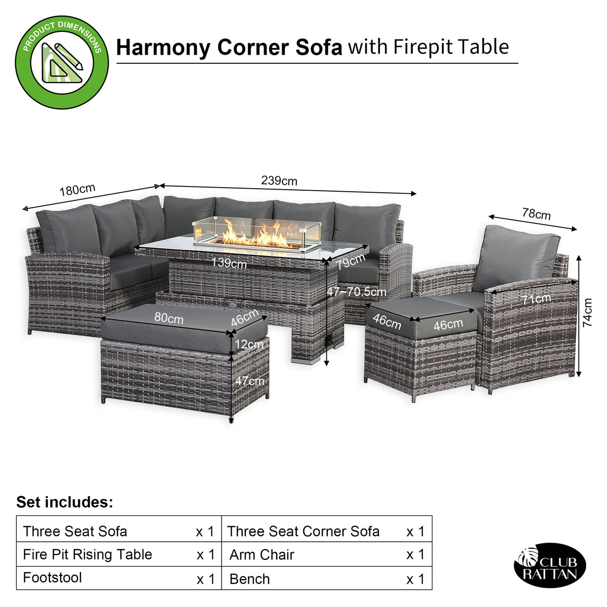 Harmony Range Elite High Back Left Hand Corner Sofa Set with Fire Pit Rising Table and Amr Chair in Grey Weave