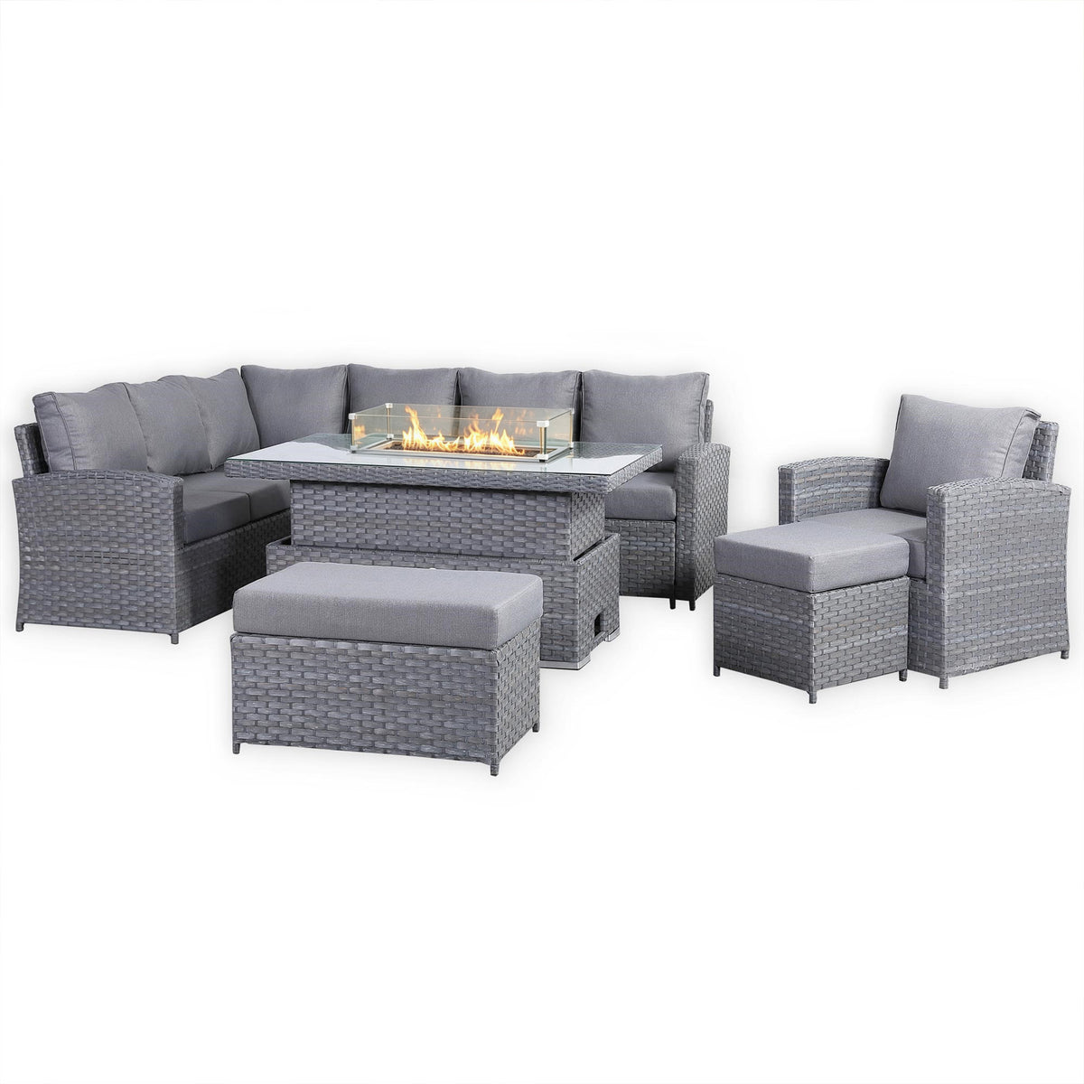 Isobella 10 Seater Elite Left Hand Corner Sofa Set with Fire Pit Rising Table and Arm Chair in Grey Rattan