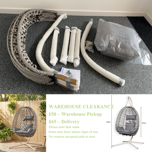 Warehouse Clearance....Club Rattan Nest Hanging Egg Swing Chair with Stand, Thick Showerproof Cushions, for Living Room,Balcony or Outdoor, Grey Weave & Beige Stand