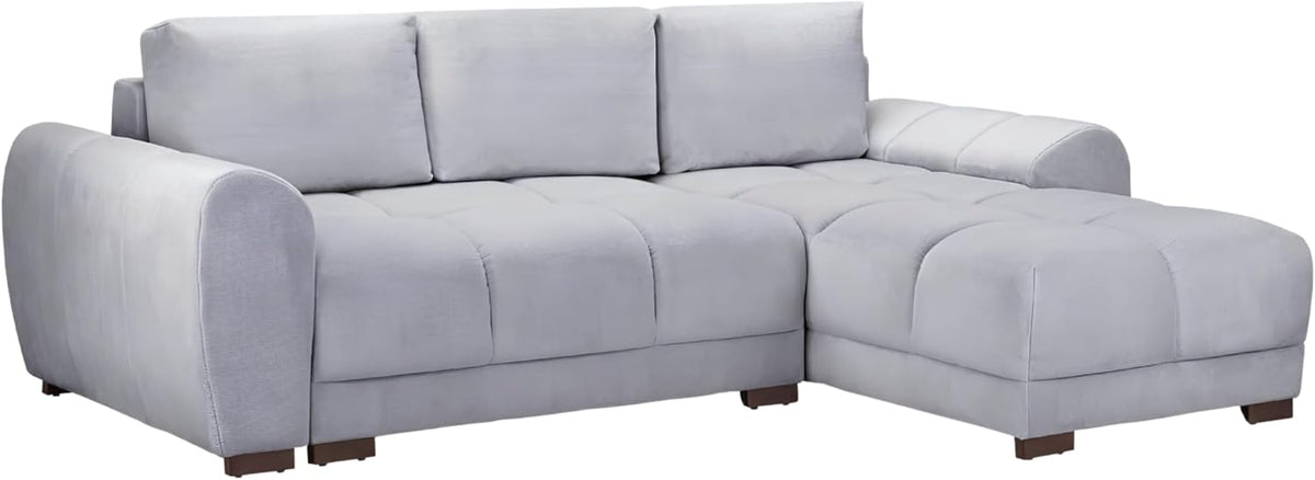 Plume Grey Universal Corner Sofa Bed – 4 Seater Plush Velvet Sofabed with Under-Seat Storage