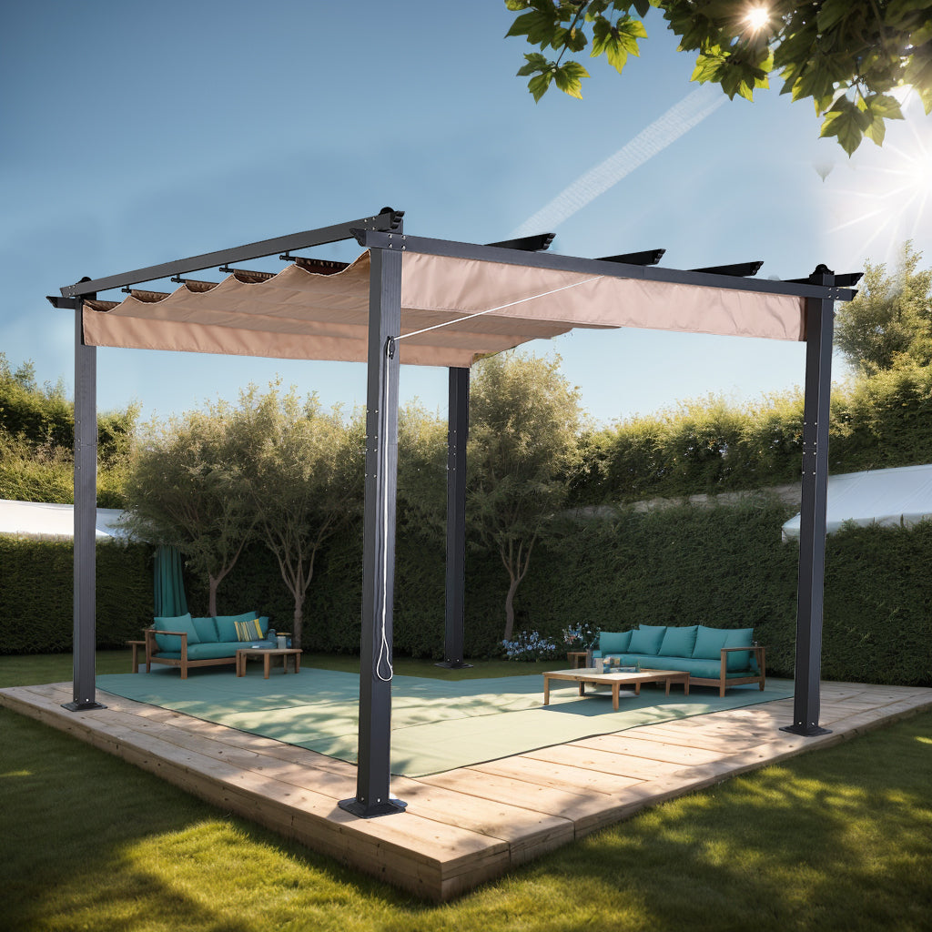 Club Rattan 3 X 3M Aluminium Pergola With Retractable Beige Roof, Large Garden Pergola for BBQ, Outdoor and patio, in Charcoal