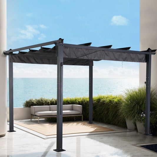 Club Rattan 3 X 3M Aluminium Pergola With Retractable Grey Roof, Large Garden Pergola for BBQ, Outdoor and patio, in Charcoal