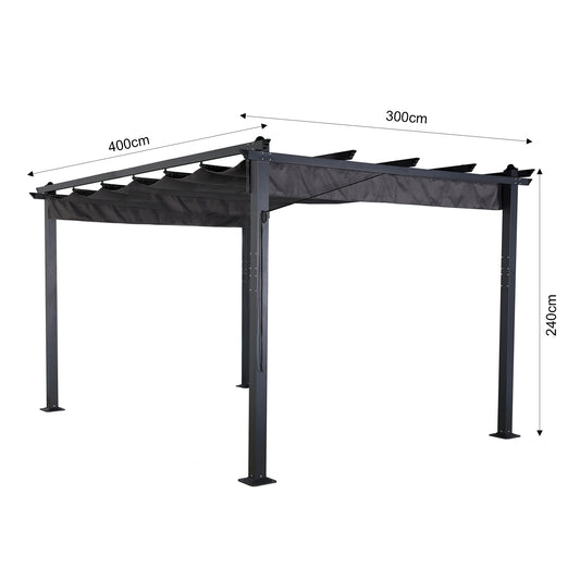 Club Rattan 3 X 4M Aluminium Pergola With Retractable Grey Roof, Large Garden Pergola for BBQ, Outdoor and patio, in Charcoal