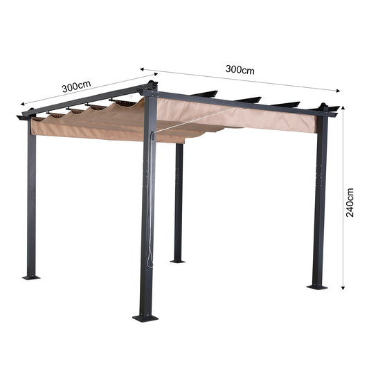 Club Rattan 3 X 3M Aluminium Pergola With Retractable Beige Roof, Large Garden Pergola for BBQ, Outdoor and patio, in Charcoal