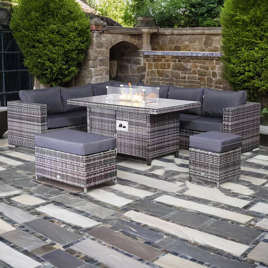 Modern Range Modular Outdoor Corner Sofa Set with Fire Pit Table in Grey Weave