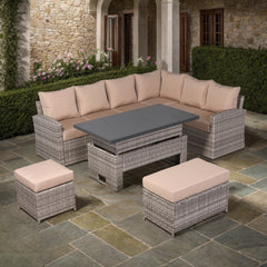 Ashley Range Right Hand Corner Sofa Set with Rising Table in Light Grey Rattan (CS10)