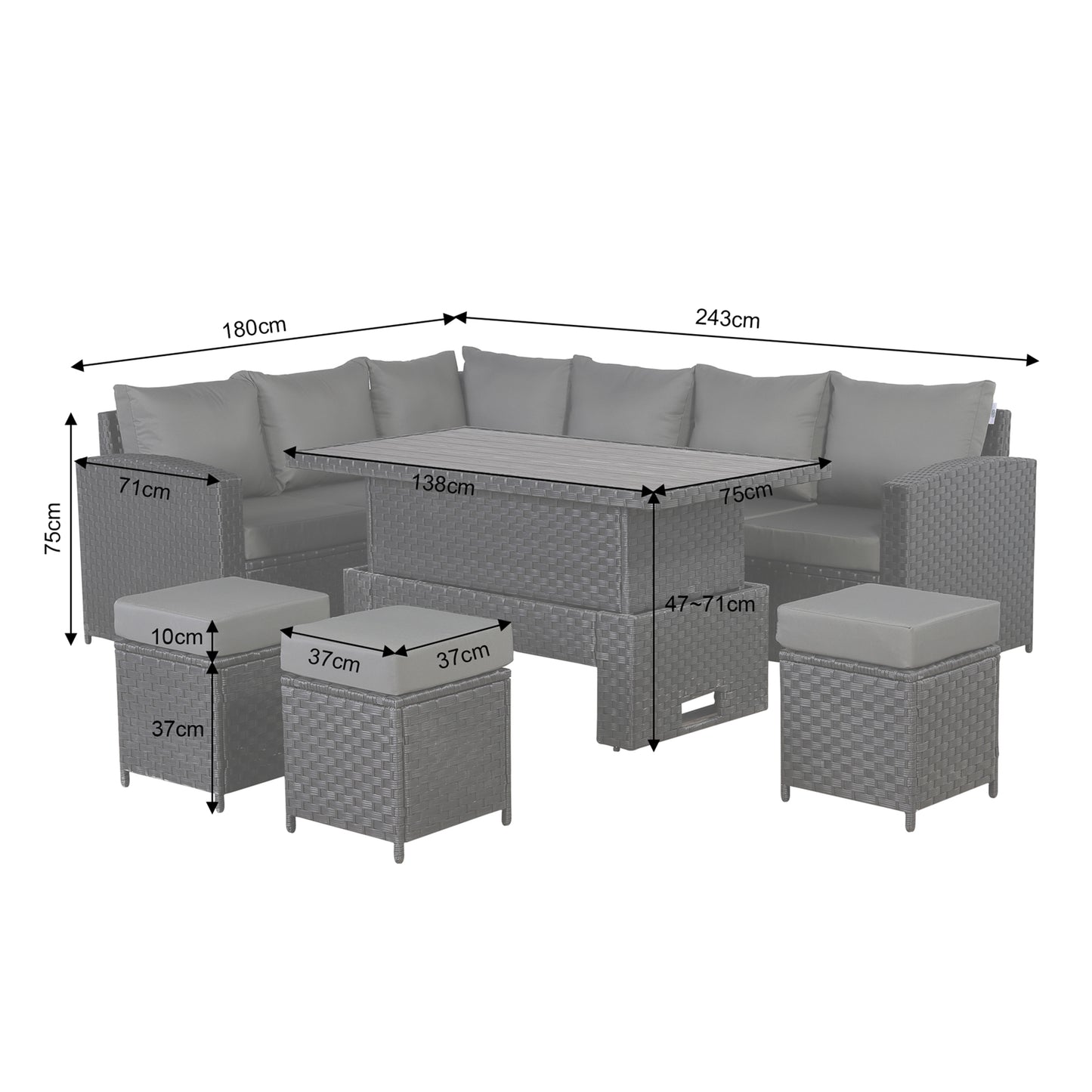 Primo Range High Back LHF Dining Corner Sofa Set in Black Weave with Rising Table