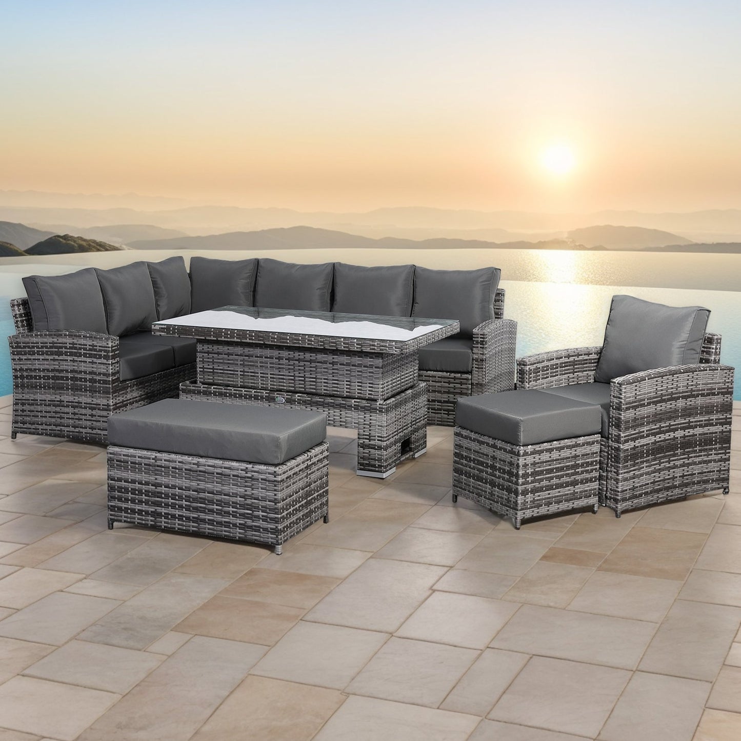 Harmony Range Elite Left Hand Corner Sofa Set with Rising Table and Arm Chair in Grey Rattan