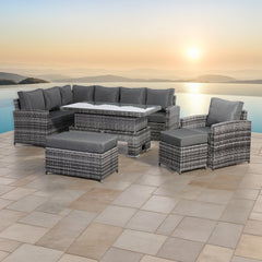 Harmony Range Elite Left Hand Corner Sofa Set with Rising Table and Arm Chair in Grey Rattan