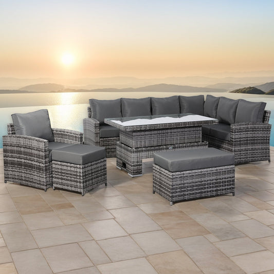 Harmony Range Elite Right Hand Corner Sofa Set with Rising Table and Arm Chair in Grey Rattan